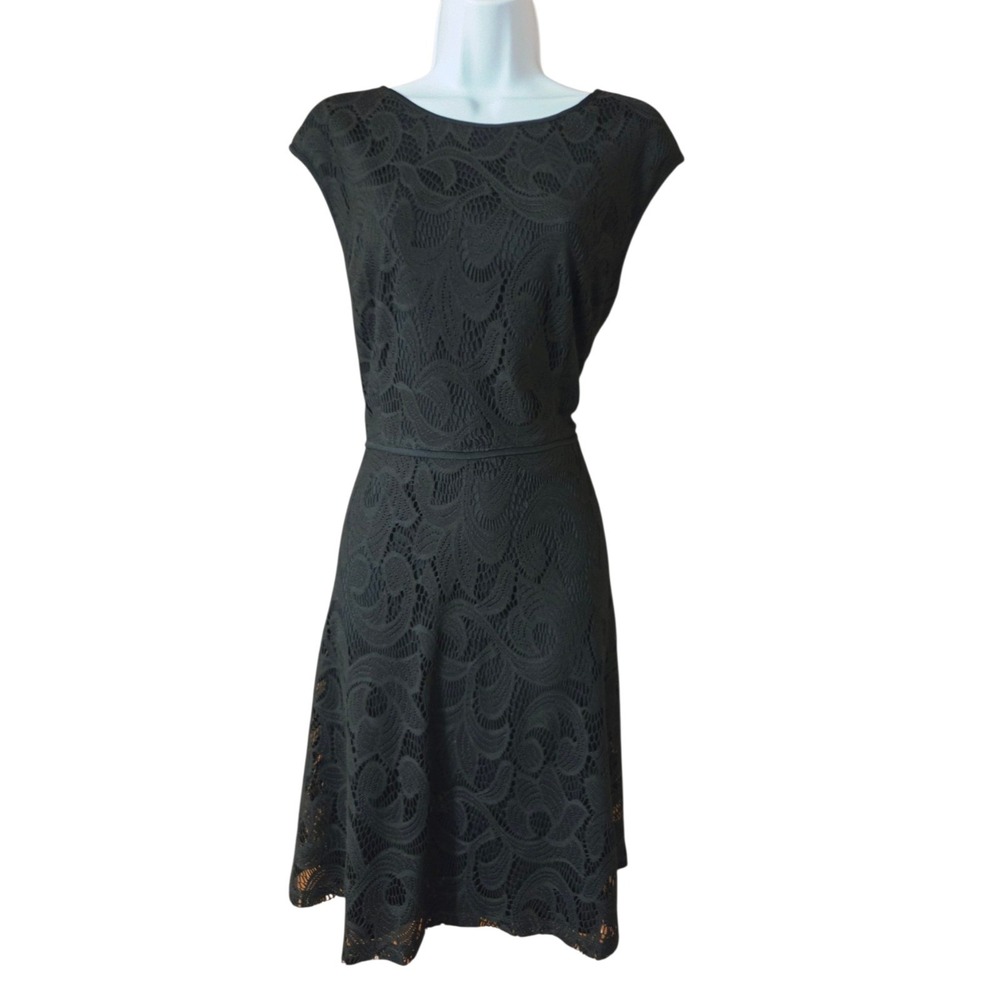 Wisp Black Lace Crochet A-Line Cap Sleeve Midi Dress 10